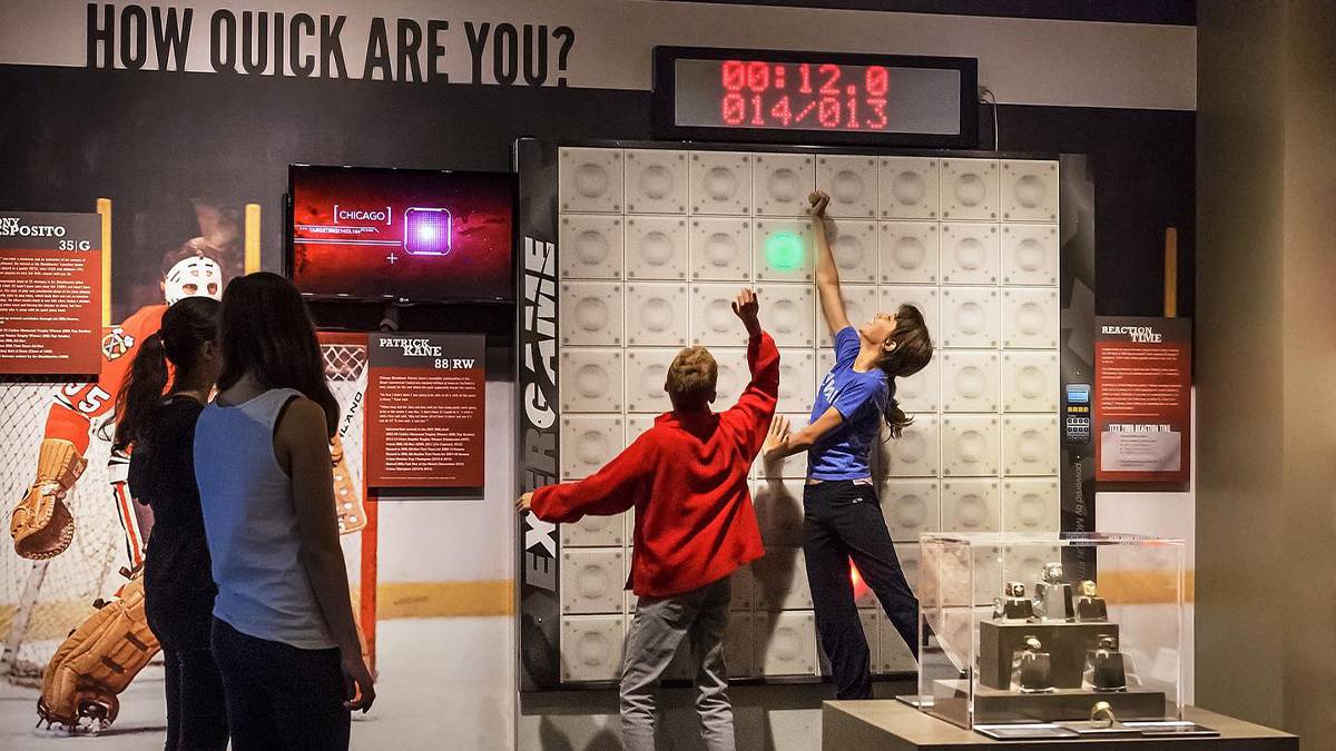 view of group of people attending a tour at the Chicago Sports Museum in Chicago, Illinois, USA
